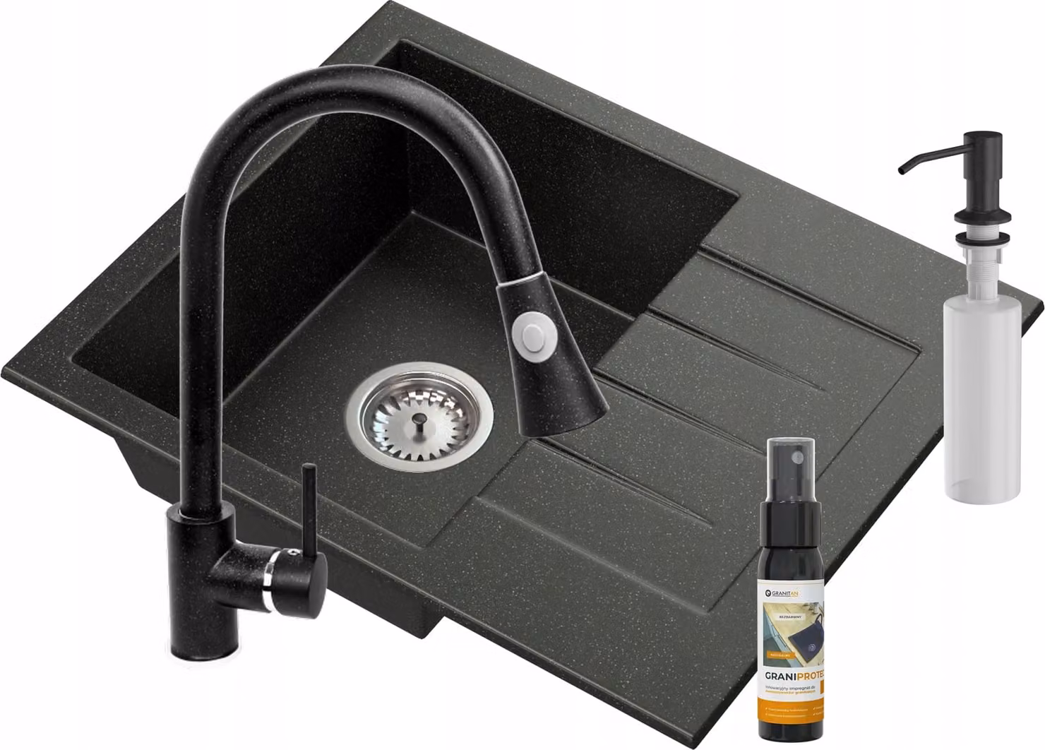 Granitan - Lavello in granito - Lavello da cucina - 57x46 cm - Nero - Lavello - MILANO