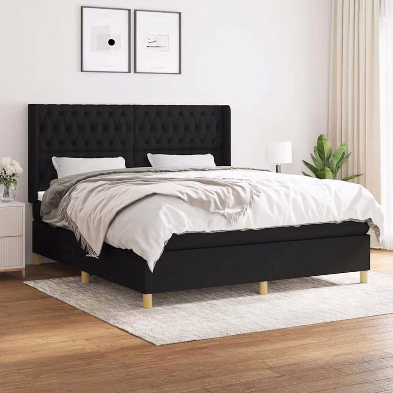 vidaXL Letto con Giroletto a Molle e Materasso Ibrido in Tessuto Nero L/P/H: 180 x 200 x 128 cm