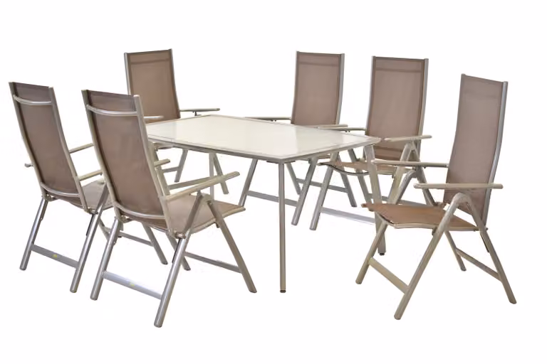 Set di mobili da giardino Merxx Carrara 7 pezzi, 6 poltrone pieghevoli color tortora, 1 tavolo 150 x 90 cm - alluminio/tessuto