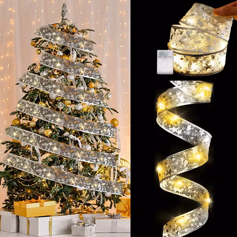 Catena luminosa a LED, nastro scintillante, 5 metri, 50 LED, colore argento, alimentazione a batteria