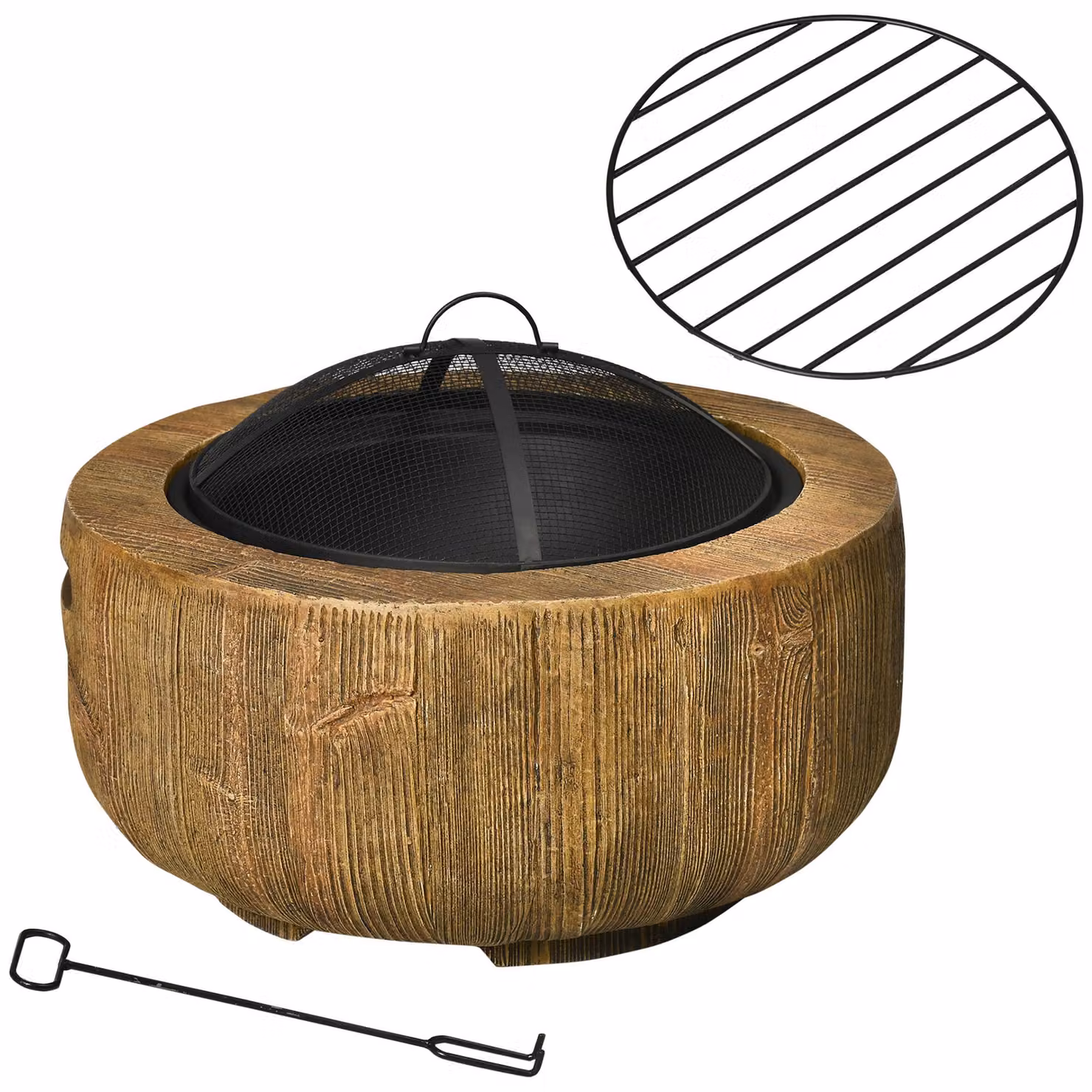 Moonbite, braciere con aspetto di tronco d'albero, diametro 61,5 x 39 cm, ideale per l'esterno, dotato di coperchio di sicurezza e attizzatoio, griglia protettiva per la brace, realizzato in acciaio e MgO, colore marrone
