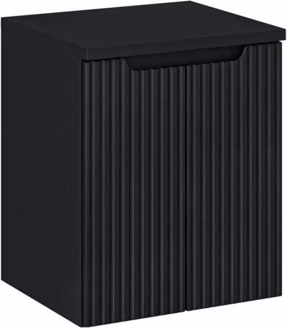 Set da bagno sospeso Meublorama VANO 50cm: mobile sottolavabo con ante a doghe nero e piano per lavabo nero opaco