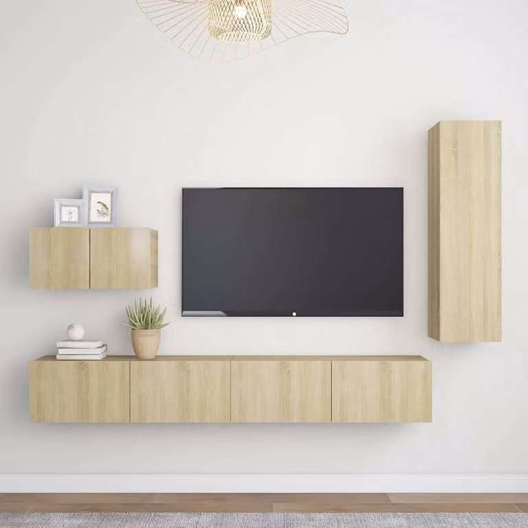 Set di mobili porta TV moderno vidaXL in legno MDF, 4 pezzi, colore rovere e beige