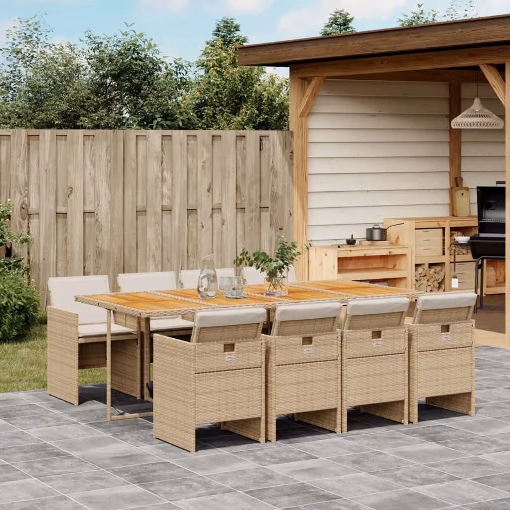 vidaXL Set da Pranzo da Giardino 9 pz in Polyrattan e Legno di Acacia con Cuscini Beige – 1