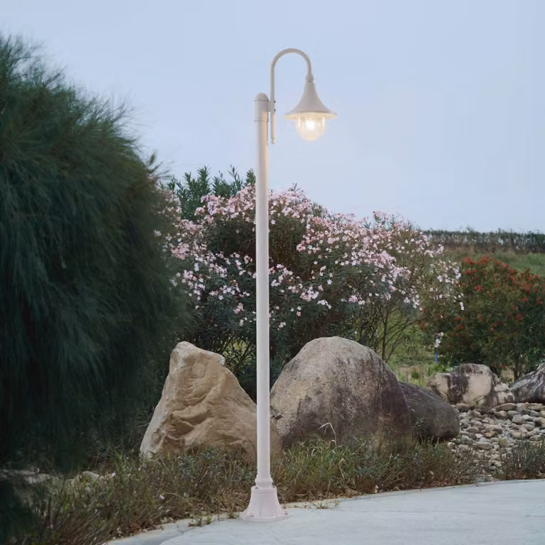 Lampada da esterno Lindby Daphne, 220 cm, bianco, metallo, E27 Daphne Lindby, dimmerabile, Bianco / Opale, Alluminio, Antico