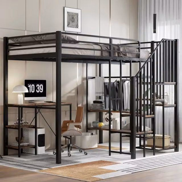 Letto a soppalco ULEVR 120x200 cm con scrivania, libreria e guardaroba aperto, metallo e MDF nero