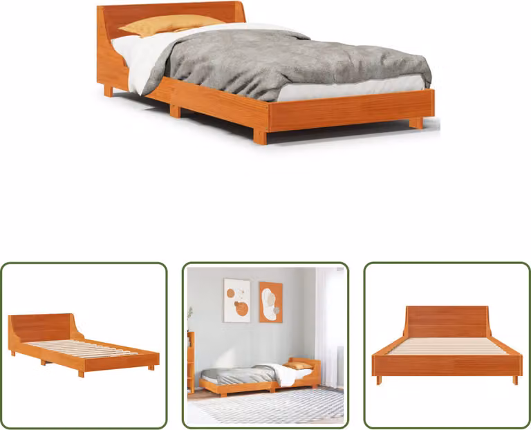 The Living Store Letto in legno massiccio con testiera marrone cera 90x190 cm pino