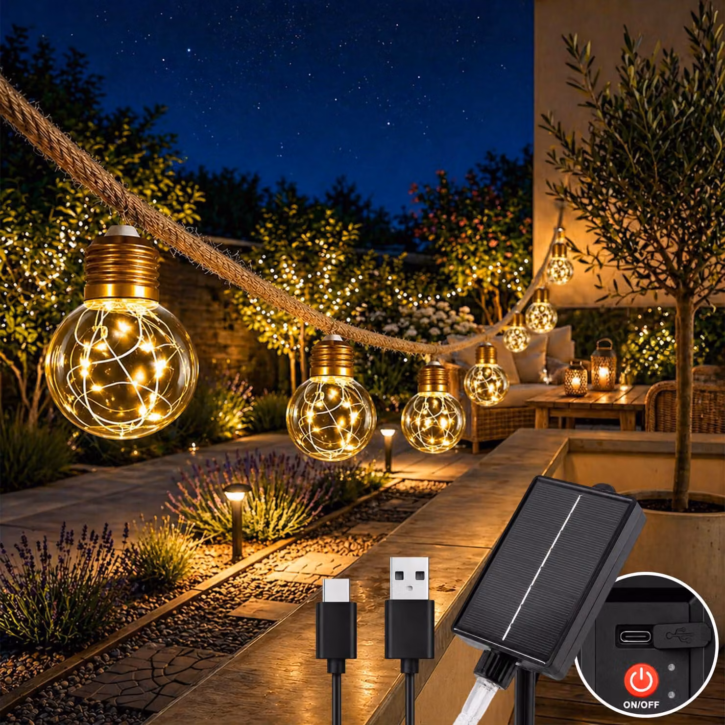 Catena luminosa solare, 10 metri, 20 lampadine LED, 8 modalità, dimmerabile, luce bianco caldo
