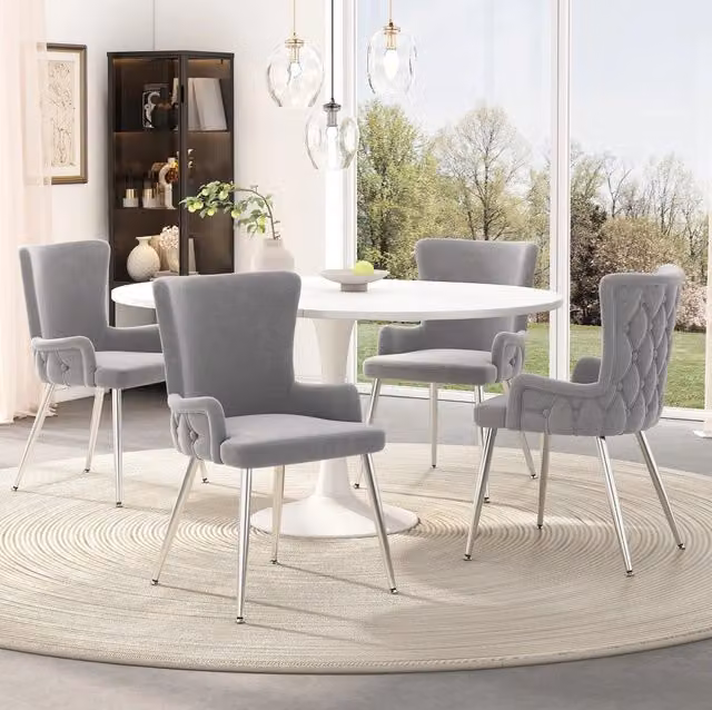 Set di 4 sedie in velluto con gambe in metallo; design moderno; grigio e argento