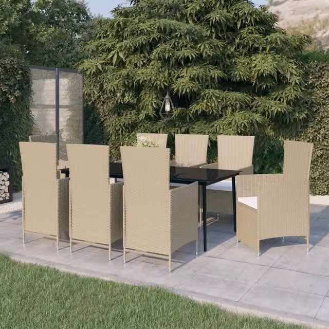 Set da pranzo da giardino vidaXL in polyrattan con tavolo in vetro e 9 pezzi con cuscini beige, nero e bianco – 1