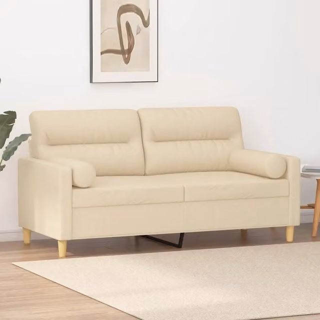 Divano a 2 Posti con Cuscini-Sofa 2 Posti con Cuscini Crema 140 cm in Tessuto 108969
