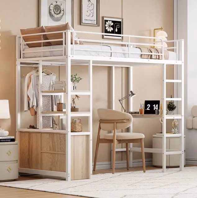 Letto a soppalco 90x200 cm in metallo e MDF con scrivania; prese USB; ripiani; bianco