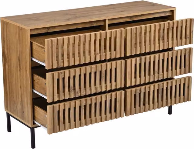 Credenza Chicfurn con 6 cassetti e design a griglia geometrica per soggiorno, in MDF, colore beige e marrone, L/P/H: 120 x 40 x 81 cm