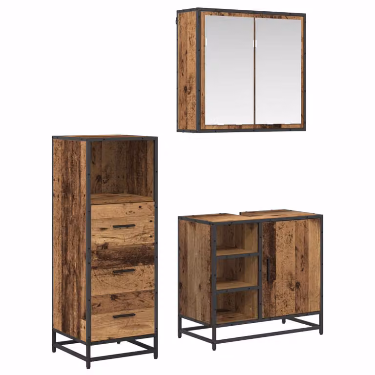 Set di mobili per il bagno moderno vidaXL in legno e metallo marrone e nero, composto da armadietto con specchio, mobile lavabo e pensile, L/P/H: 65 x 33 x 60 cm