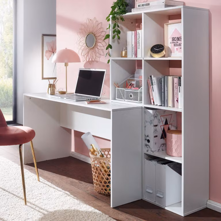 FineBuy Scrivania con scaffale Bianco 170x59x143,5 cm Scrivania da ufficio Moderna Scrivania per laptop con 6 ripiani Scrivania per home office con spazio di archiviazione
