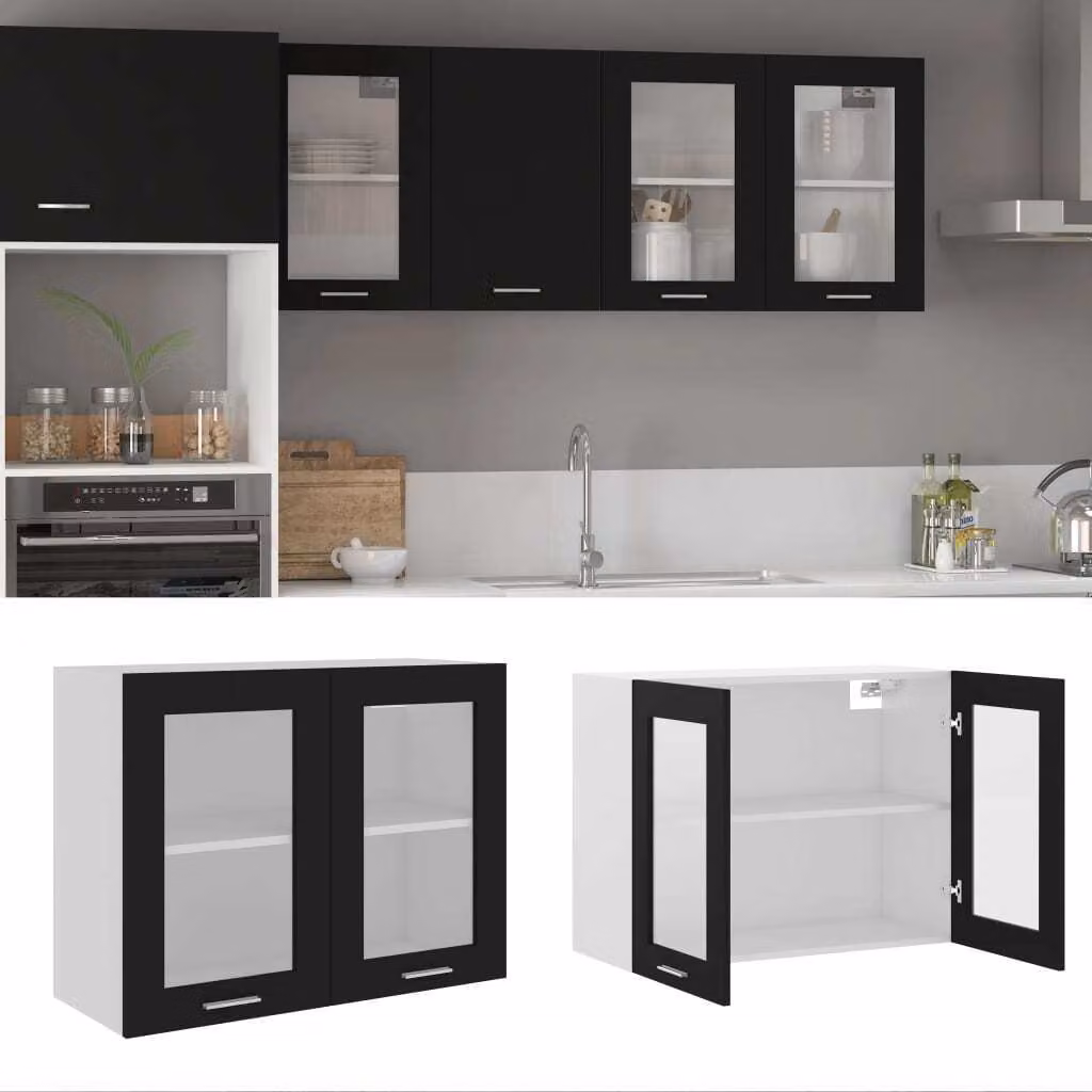 The Living Store Vetrinetta sospesa nera 80x31x60 cm materiale legno