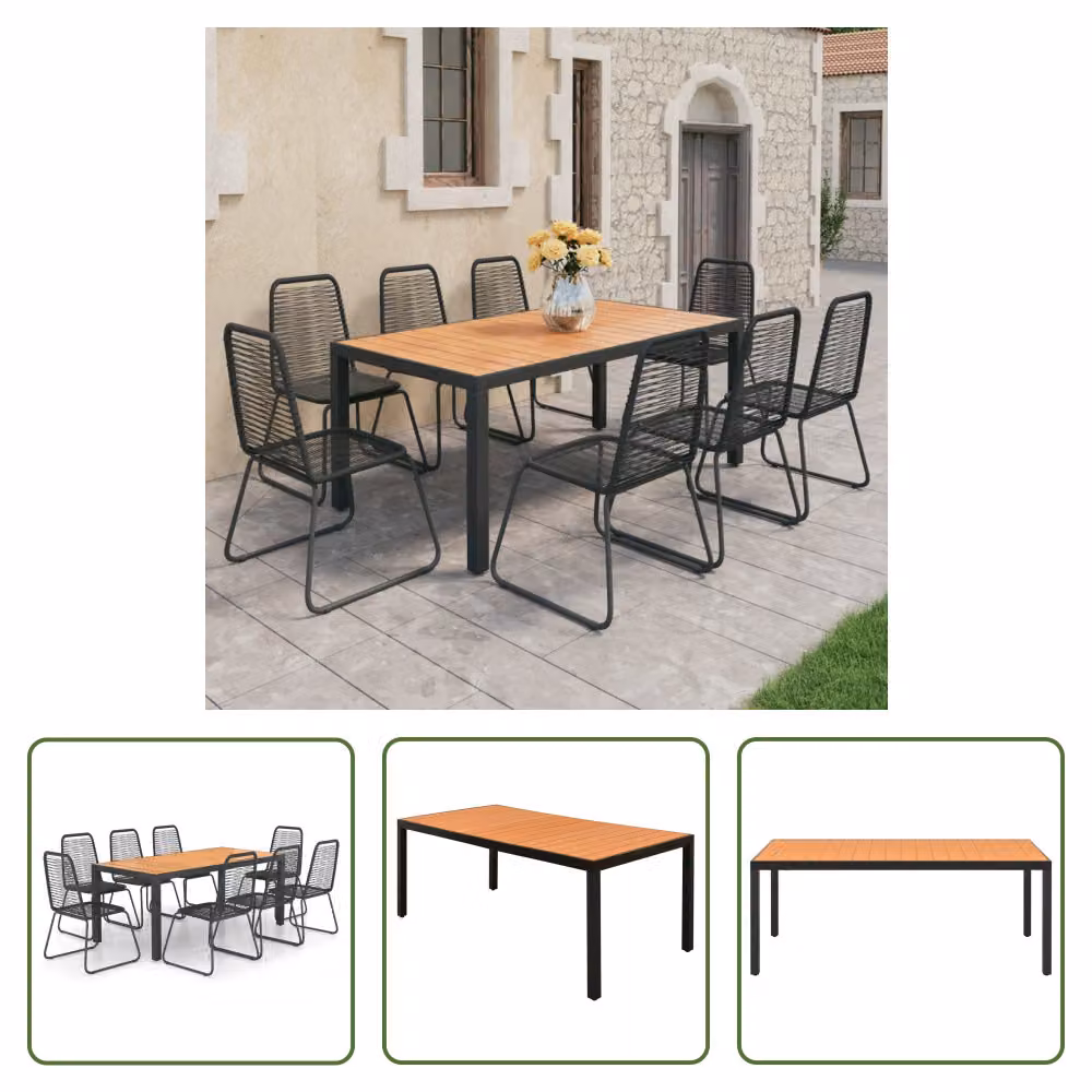 The Living Store Set da pranzo da giardino 9 pezzi in rattan PVC nero e marrone