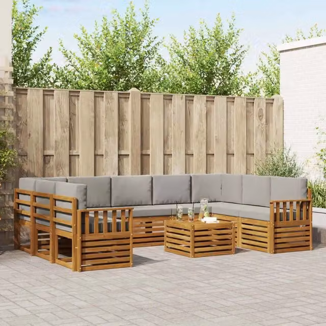 Set di divani da esterno vidaXL in legno di acacia con cuscini beige e grigi per giardino e terrazza