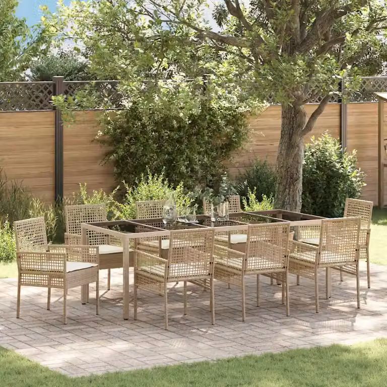 Set da pranzo per giardino e terrazzo vidaXL in polyrattan e vetro, 9 pezzi, beige