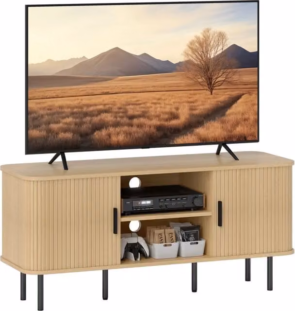 Mobile TV XYLO in stile scandinavo con ante scorrevoli a lamelle, rovere, per TV fino a 55 pollici, L: 120 cm