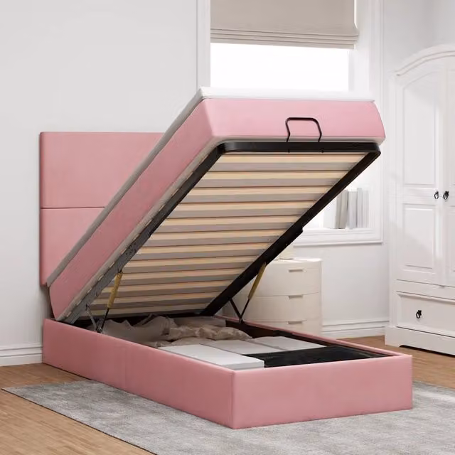 Letto con contenitore a sollevamento vidaXL in velluto rosa e bianco, L: 200 cm, P: 80 cm, H: 140 cm