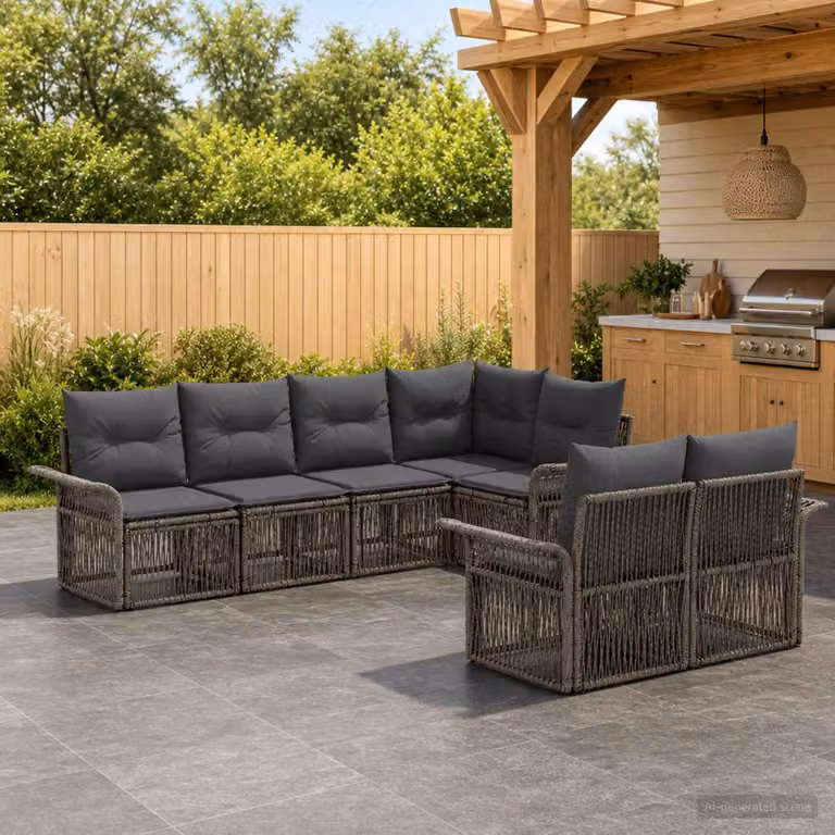 Set Divano da Giardino vidaXL a forma a U con 7 posti, Grigio, con Cuscini e Struttura in Metallo e Polyrattan