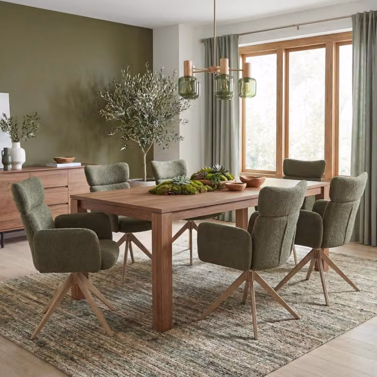 Set di 6 sedie da pranzo modello HWC-N11, sedia girevole con meccanismo di ritorno automatico, rivestita in tessuto bouclé (350g/m²), colore verde, gambe effetto legno