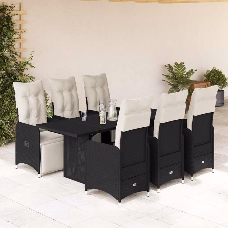 Set da Bistrò da Giardino vidaXL 7 pz in Polyrattan Nero con Cuscini e Piano in Vetro