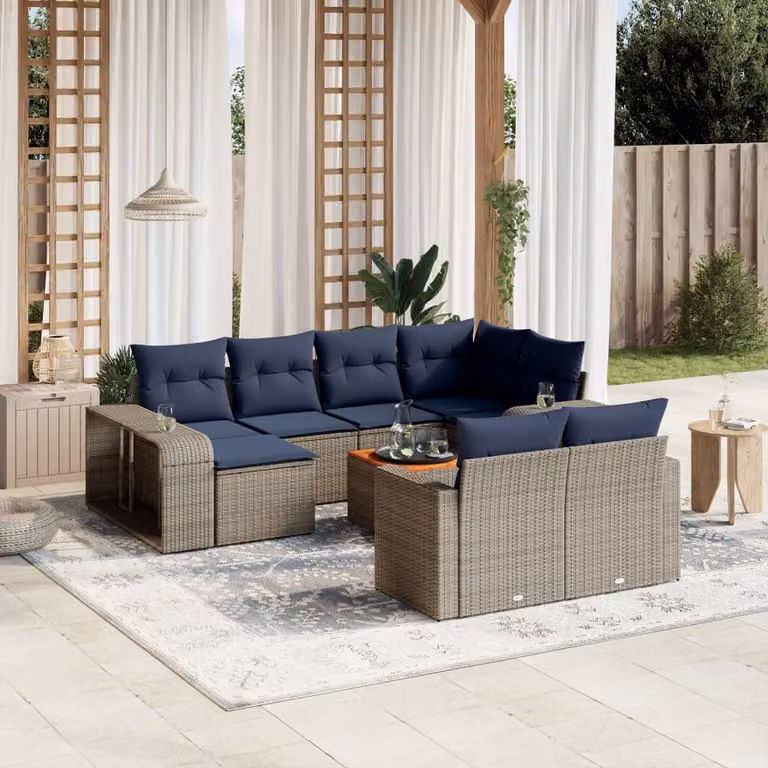Set di divani da giardino vidaXL in polyrattan grigio con cuscini, tavolino e pouf, design moderno a forma di U