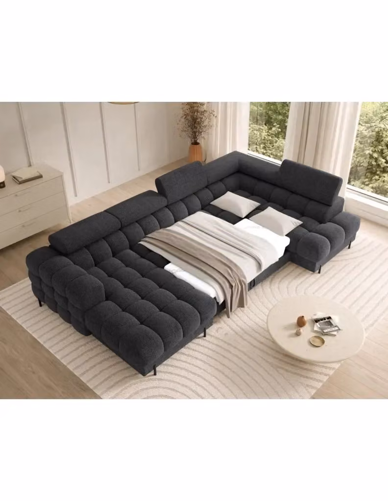 Divano panoramico convertibile FERARIA MEUBLORAMA colore antracite con angolo destro, funzione letto e poggiatesta regolabile, L: 358 cm, P: 93 cm, H: 202 cm – 2