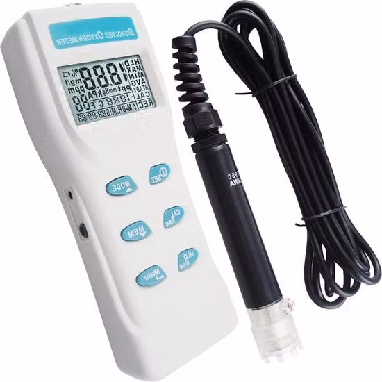 Dispositivo di misura della qualità dell'acqua con grande schermo LCD, rilevamento dell'ossigeno dissolto, funzione di memoria e funzione ATC.