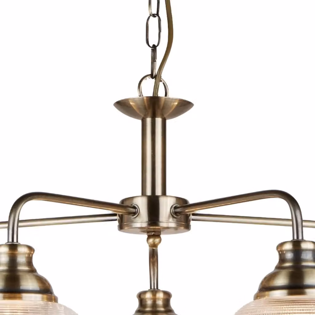 Lampadario a sospensione contemporaneo Searchlight Bistrot II in ottone e vetro trasparente con 5 luci E27 e altezza regolabile – 2