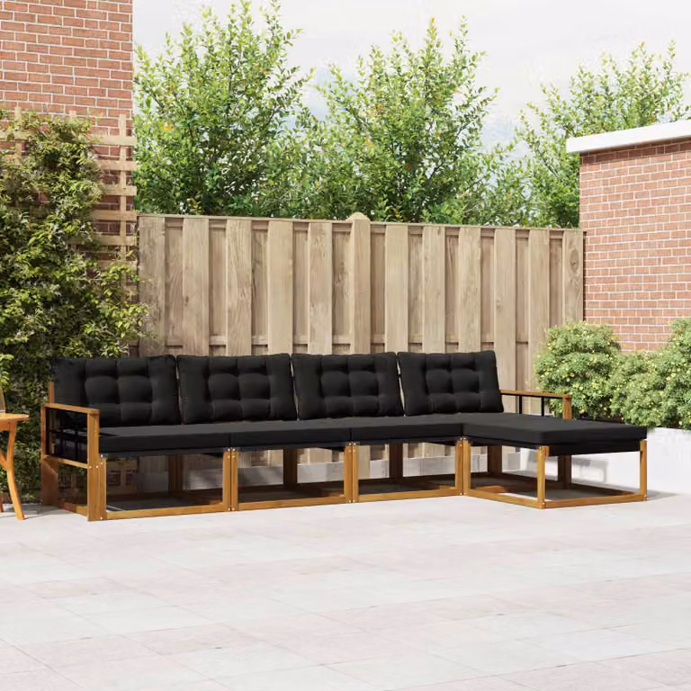Set di divani da esterno vidaXL a forma di L con pouf e cuscini, struttura in legno di acacia trattato e tessuto textilene, marrone e nero