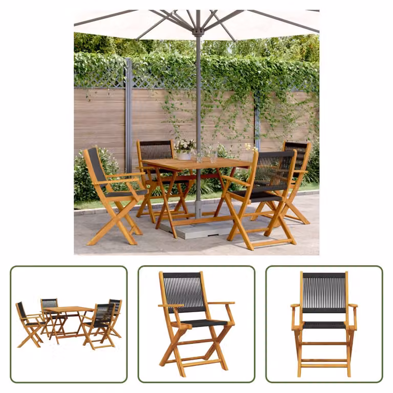 The Living Store Set da pranzo da giardino 5 pezzi in polipropilene e legno massiccio nero