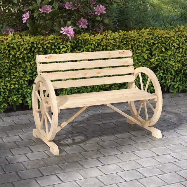 Panca da giardino Minimal a 2 posti in legno di tiglio naturale con braccioli stile campestre, colore beige/marrone – 1