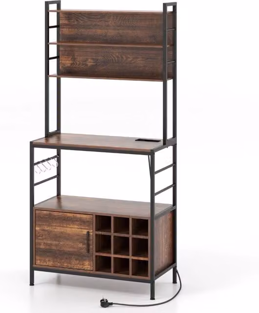 Scaffale da cucina da 170 cm con presa elettrica, Mobile per bar del caff¨¨ con ganci a S e supporti per bottiglie di vino Marrone Rustico
