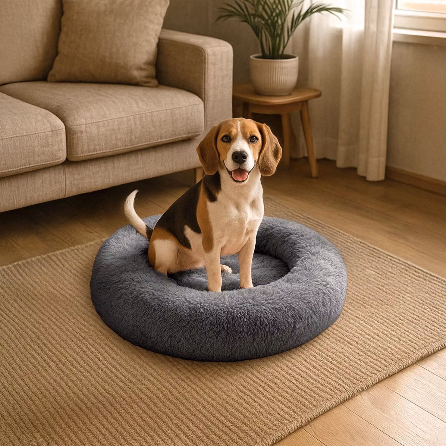 belviona donut dog bed, accogliente letto in peluche con morbida imbottitura, presa sicura e bordo ergonomico, diametro 80 cm, antracite