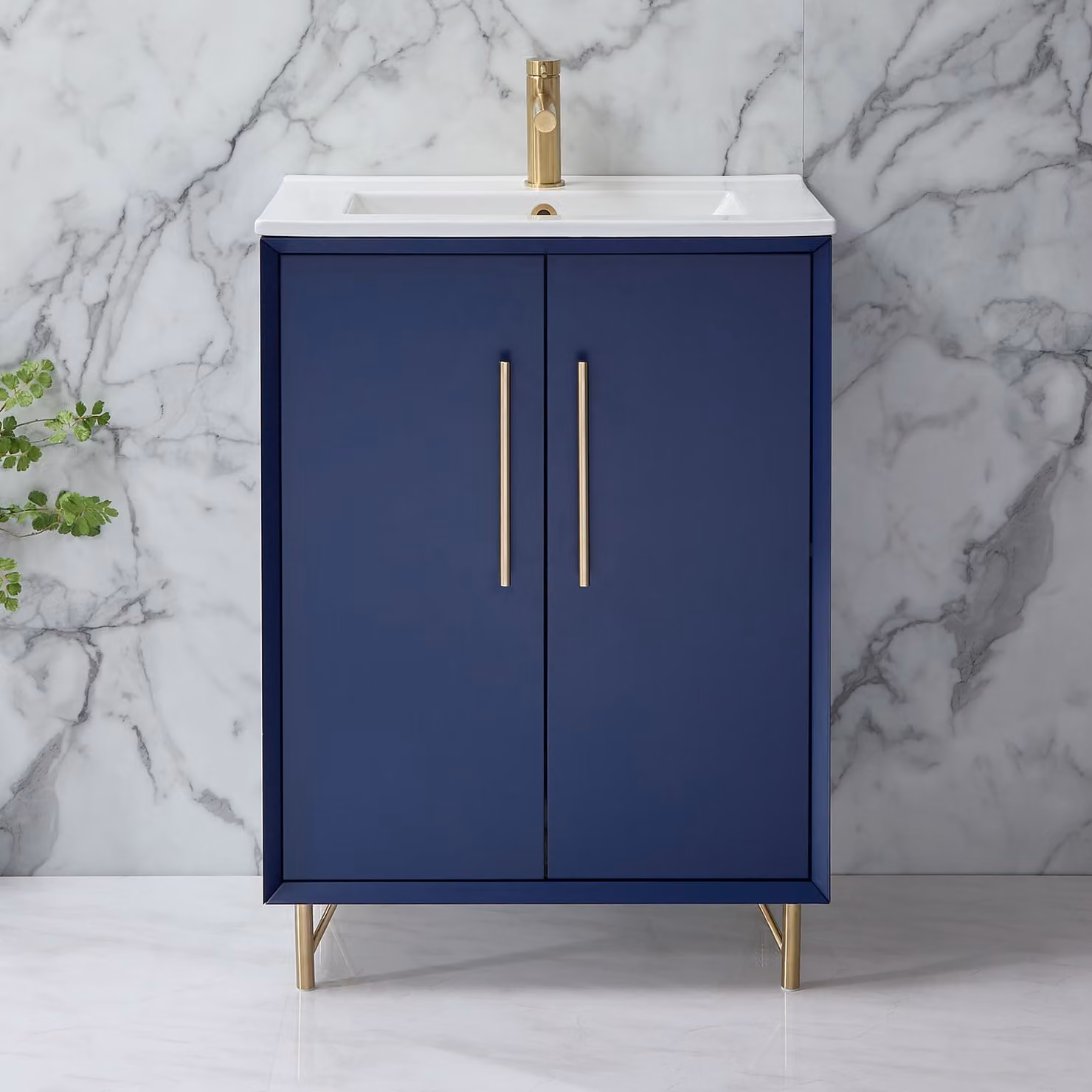 Mobile Bagno Blu Marino 610mm - Lavabo - Maniglie con Barra a T oro satinato