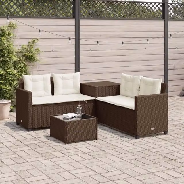 Divano da Giardino con Tavolo e Cuscini a L-Sofa da Giardino-Divano da esterno Marrone Polyrattan 764401