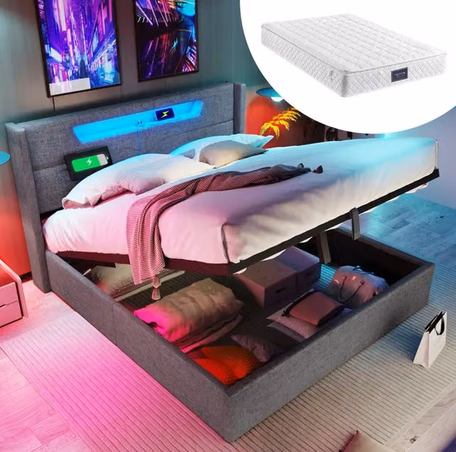 Letto matrimoniale imbottito grigio 160x200 cm con illuminazione LED e ricarica USB Tipo C, struttura in lino con contenitore e rete a doghe