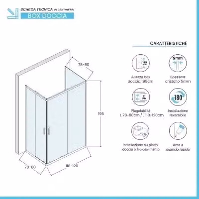 Box doccia INBAGNO Tay a tre lati con doppio sistema scorrevole, forma rettangolare a U, vetro trasparente, L: 120 cm, P: 80 cm, H: 195 cm – 2
