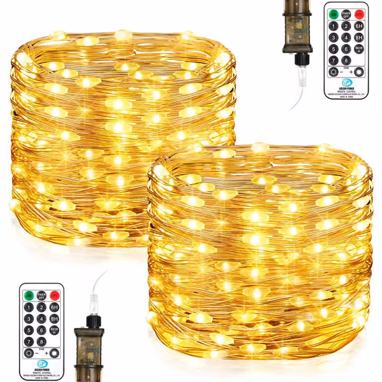 Catena luminosa da 15 metri, con 150 LED, luce bianco caldo, dotata di telecomando, timer e 8 modalità