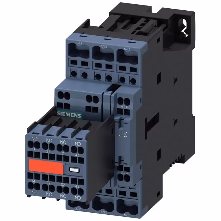 Contattore Siemens, AC-3e, 12 A/5,5 kW/400 V, a 3 poli, 24 V CC, 2S+2Ö, collegamento a molla 3RT20242FB443MA0
