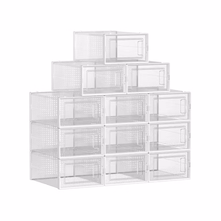 Pacco da 12 Scatole per Scarpe Contenitori per Scarpe, Trasparente + Bianco / 33 x 23 x 14 cm