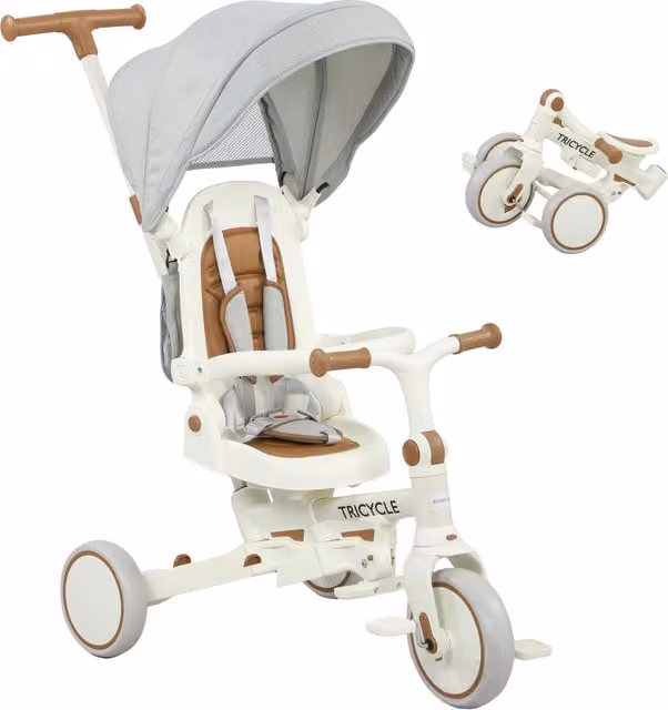 Triciclo per Bambini 5 in 1 Passeggino Evolutivo Bianco Crema con Maniglione Regolabile Rimovibile e Borsa 1-3 Anni
