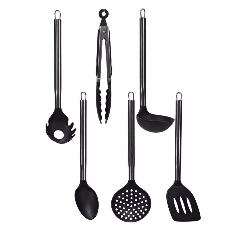 Gusto Casa Set di Utensili da Cucina 6 Pezzi in Acciaio Inox e Silicone Nero