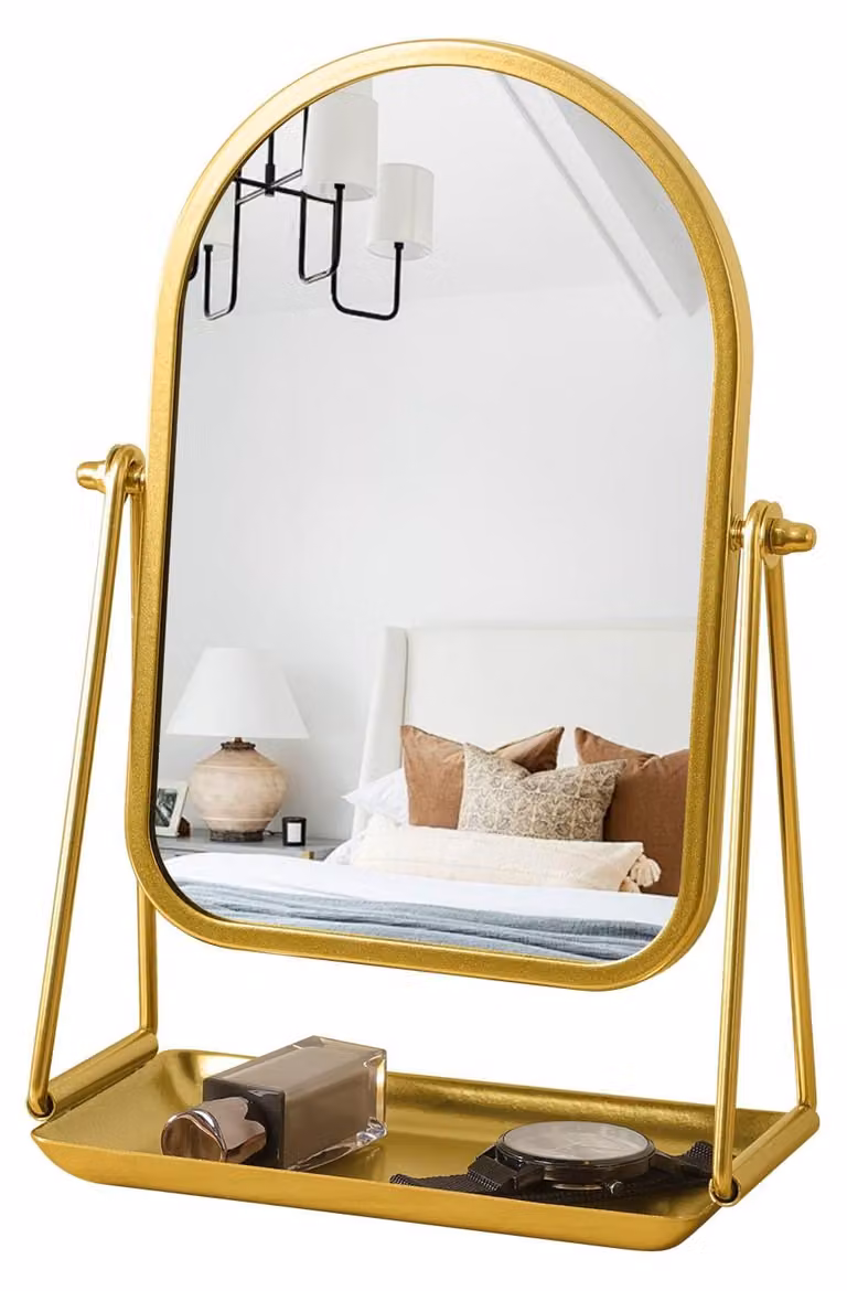 Specchio da trucco con contenitore, color oro, 27x18,5 cm