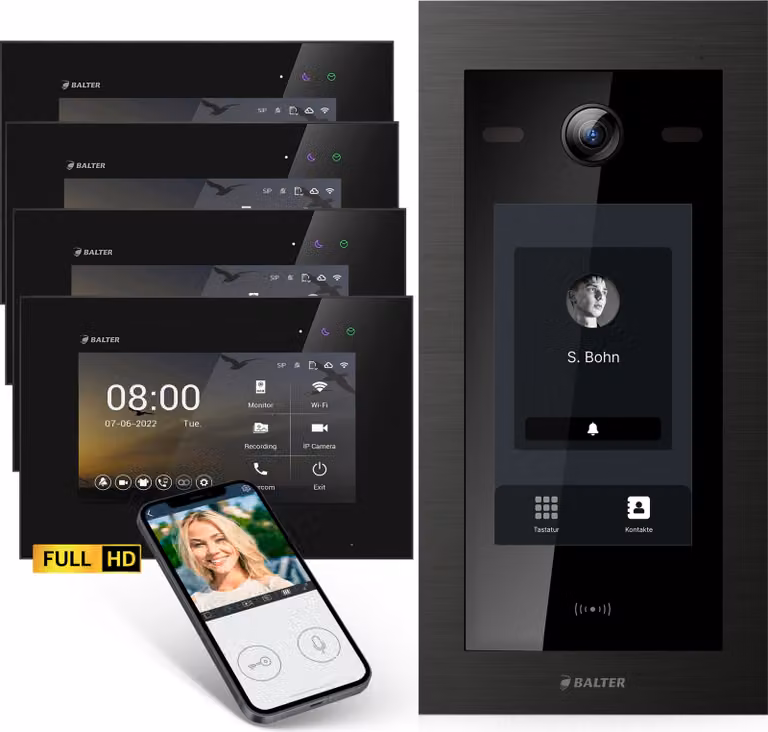 Videocitofono Balter EVO-HD con posto esterno touchscreen, campanello video, app, casa per 4 famiglie, 4x monitor da 7 pollici, full HD, bus a 2 fili, nero