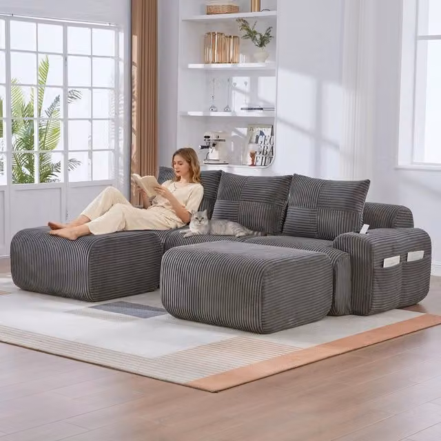 Divano 3 posti velluto grigio scuro con poggiapiedi ¨C Minimal ¨C con porta bevande e tasche portaoggetti