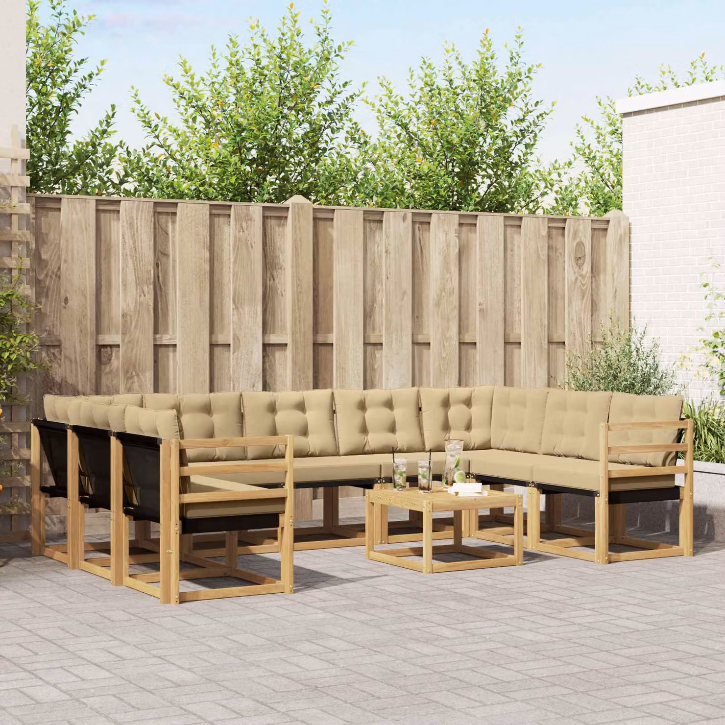 vidaXL Set di divani da esterno componibile 10 pezzi in legno di acacia con cuscini bianchi e beige